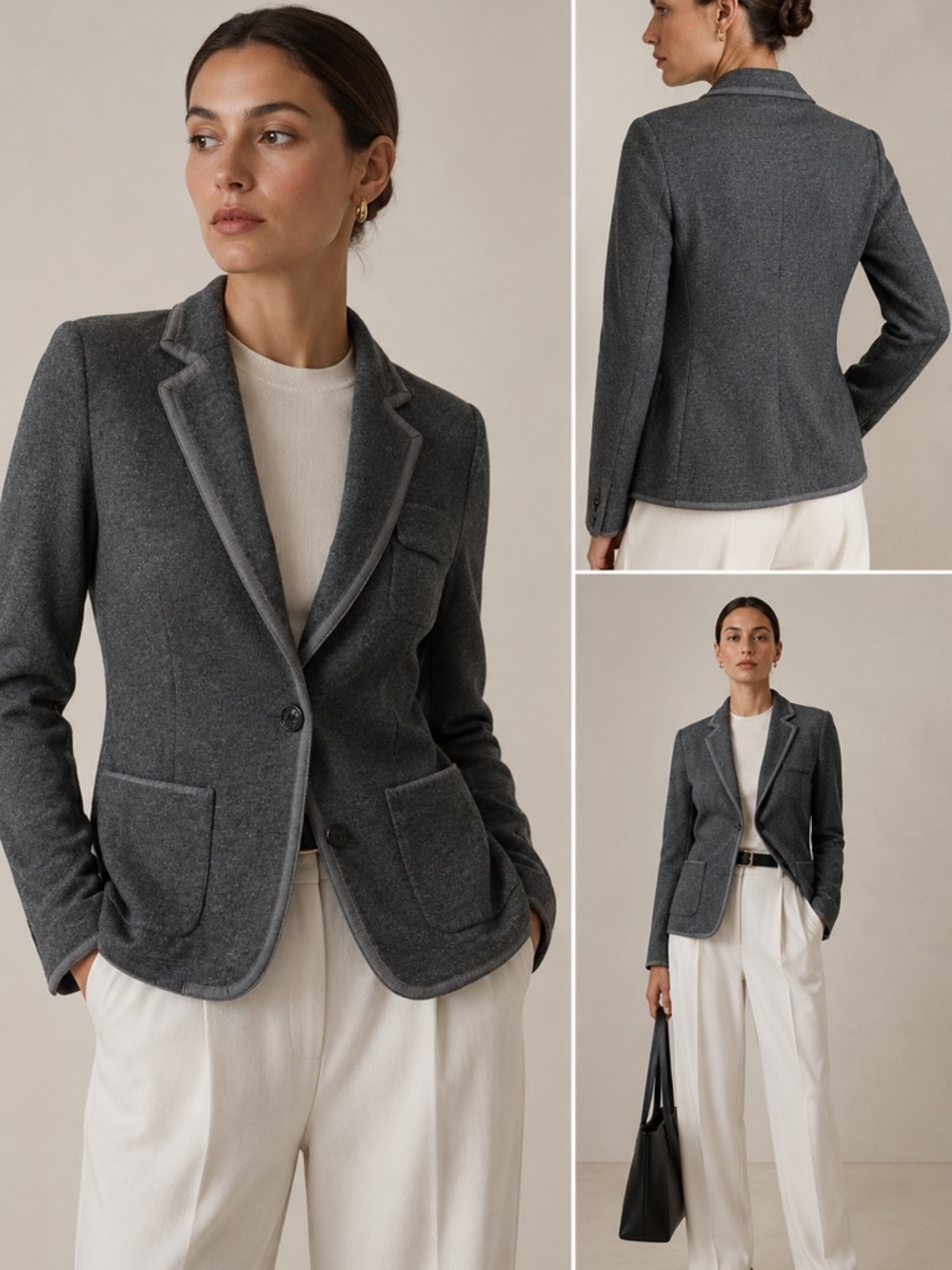 Banana Republic Italian Wool Knit Blazer Jacket Gray Grosgrain Trim Size 8